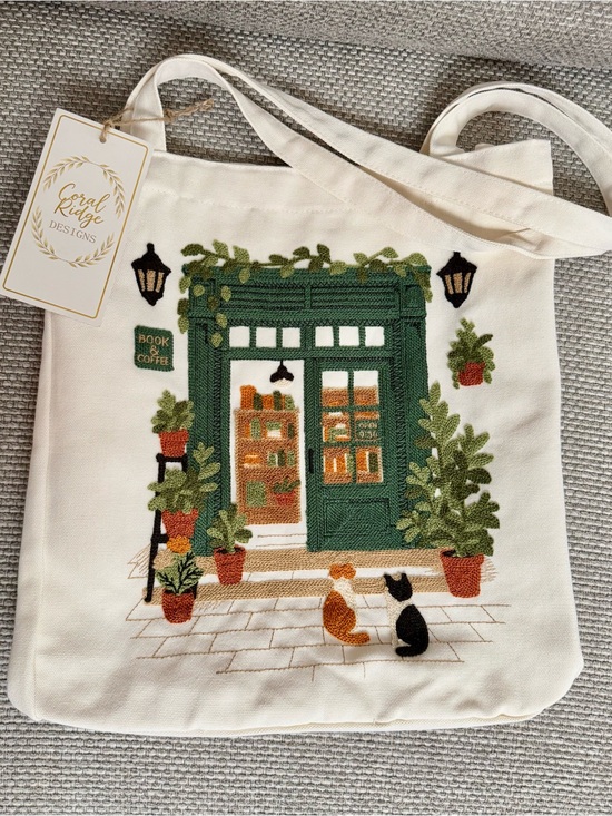 Coral Ridge Designs Handbags - BOOK STORE & COFFEE SHOP Canvas Tote Book Bag Cats Plants Embroidered NWT